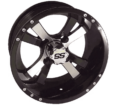 A black and silver wheel with the word " ss " on it.