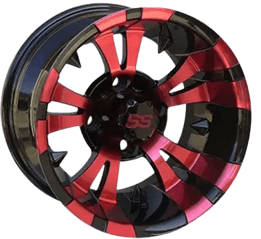 A red and black wheel with the word " rs " on it.
