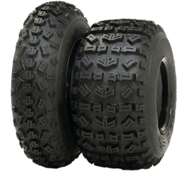 Two tires are shown side by side, one of which has a tire on top.