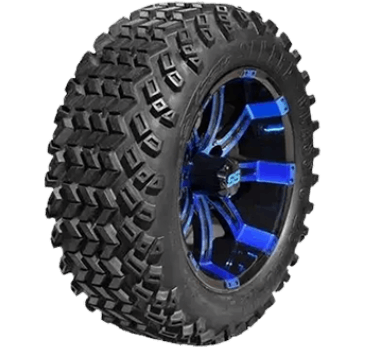 A blue and black tire on a black background