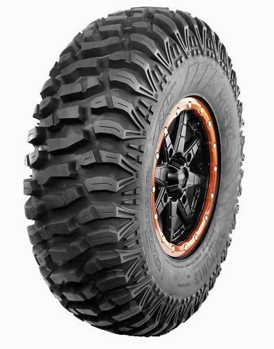 Off-road tire with aggressive tread pattern and black rim with orange details, isolated on a white background.