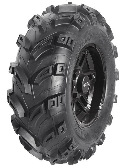 Black all-terrain vehicle tire mounted on a detailed alloy wheel, isolated on a white background.