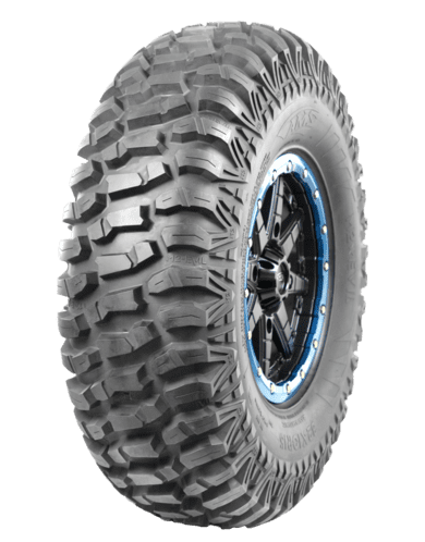 Off-road tire with deep treads and a blue rim, isolated on a gray background.