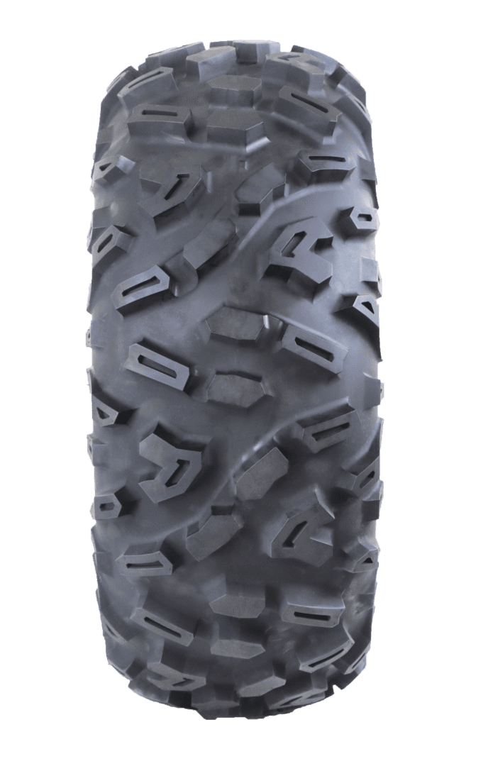 A detailed view of a black off-road tire featuring a rugged tread pattern, isolated on a green background.