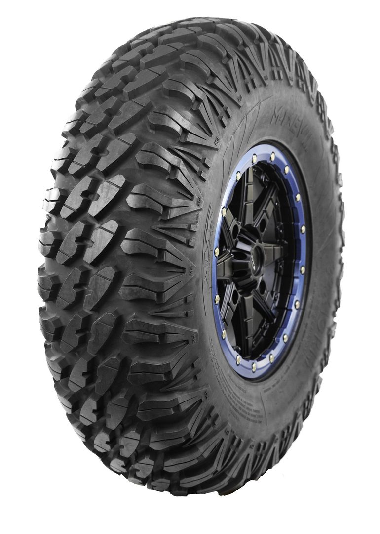 All-terrain vehicle tire with aggressive tread pattern and blue-accented black rim, isolated on a white background.